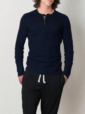 WINGS+HORNS 1x1 Slub Rib Knit Navy Blue Cotton Jersey Henley T-Shirt, Size XL